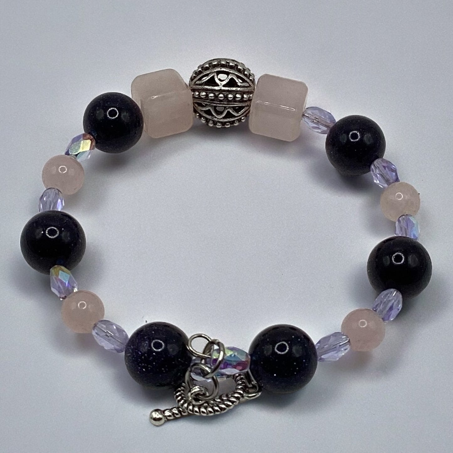 Rose Quartz and Midnight Blue Sandstone wire bracelet 7.5”