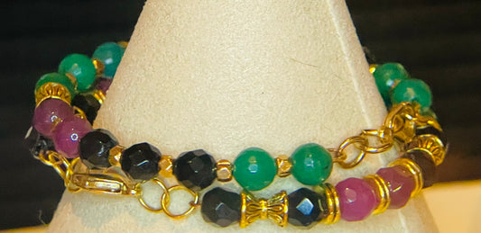 CLOSE-OUT Set of 2 jade faceted bracelets - purple, black, and green 6”