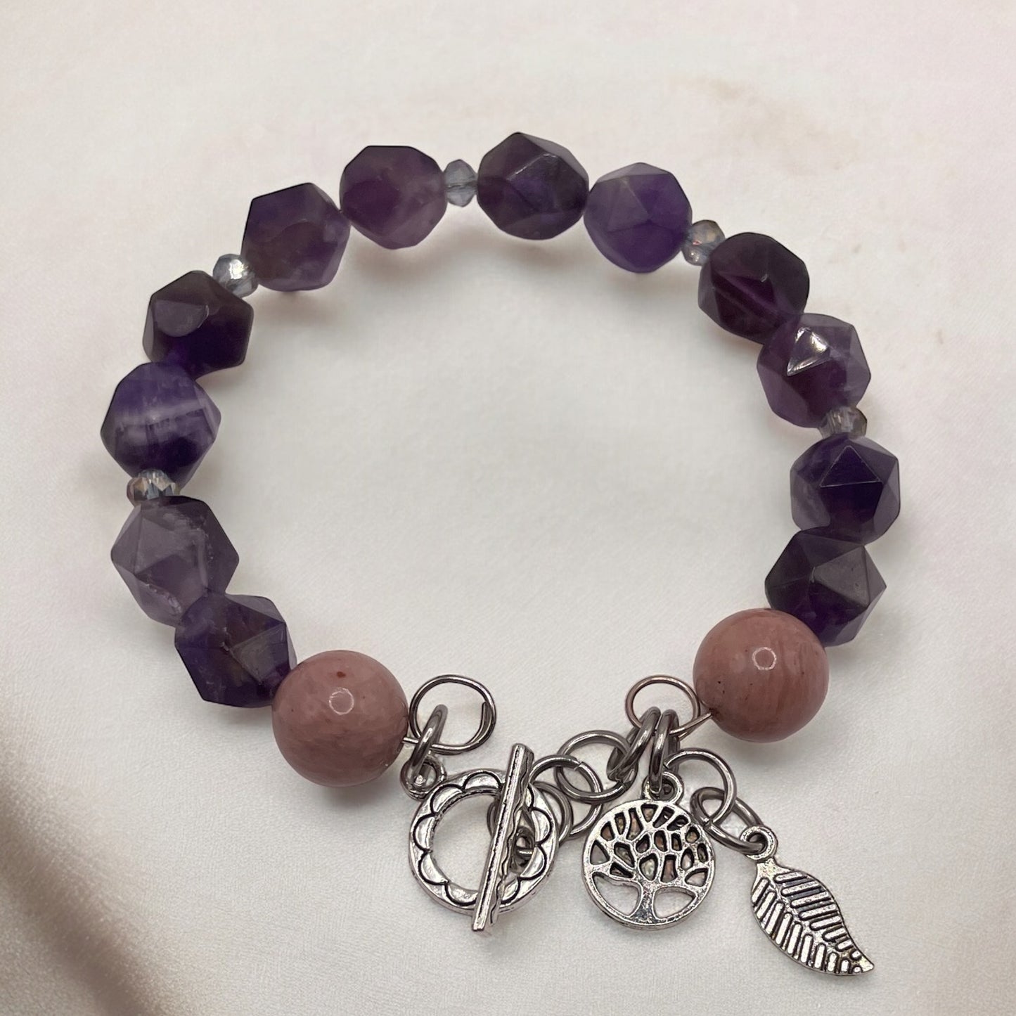 Chunky Amethyst and Rhodonite single wire bracelet 7” with charms