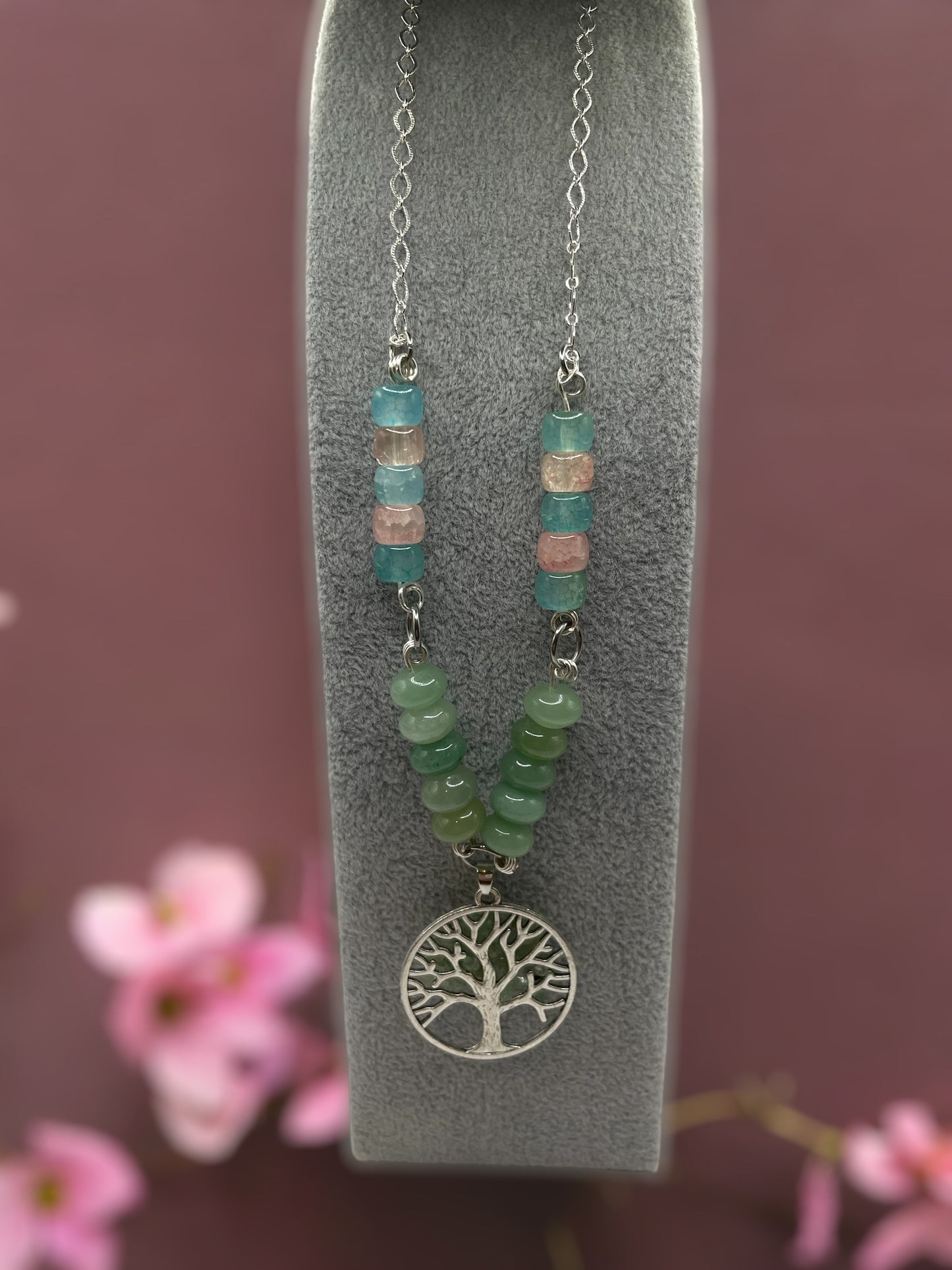 Green Aventurine 22” silver necklace with Tree of Life pendant