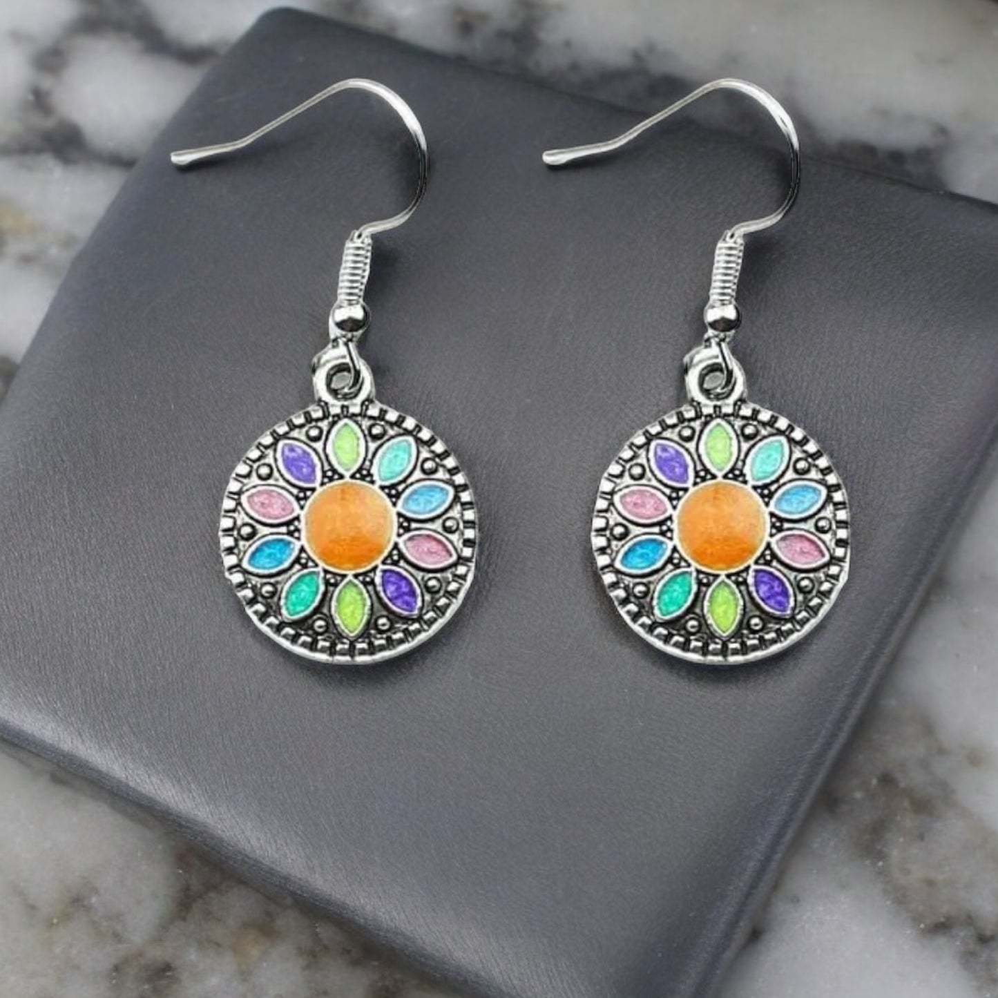 Silver Plated Colorful Floral Dial Earrings