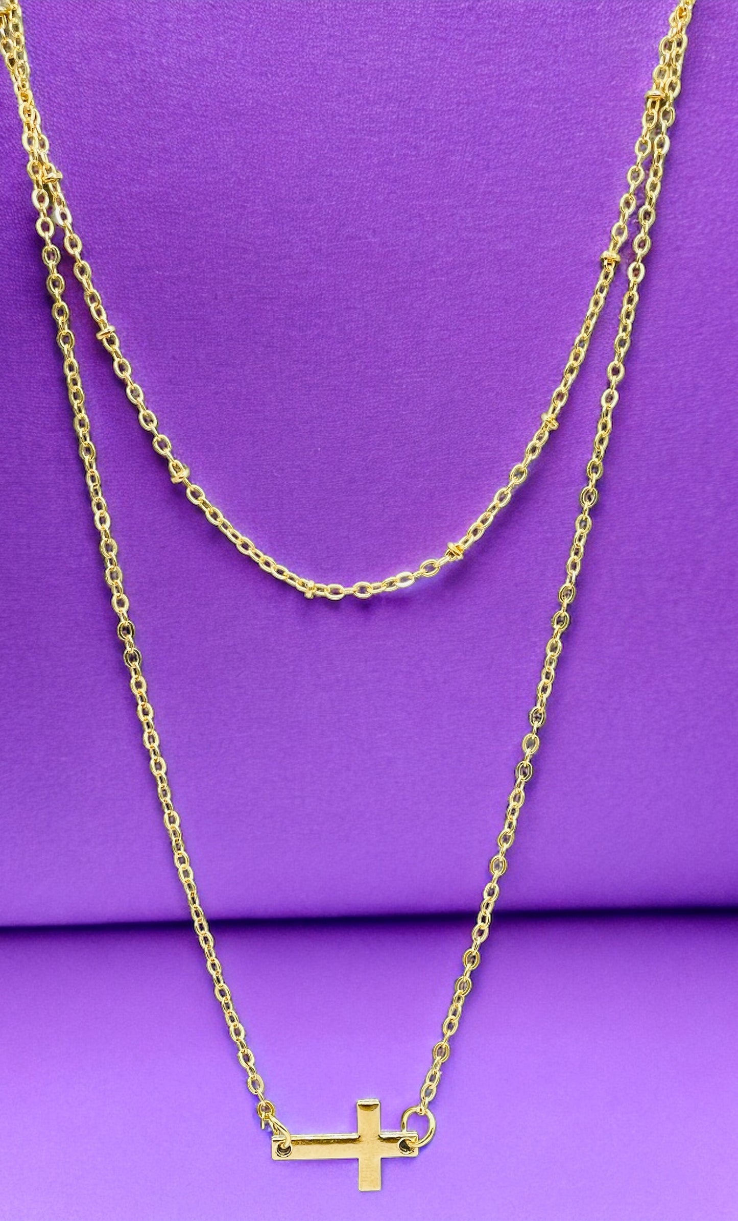 Gold plated double chain cross necklace 18”