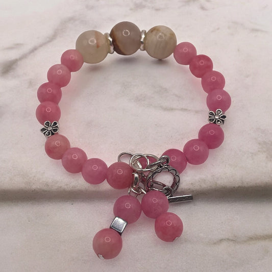 Bubbly Pink Jade wire bracelet with matching earrings 7.4