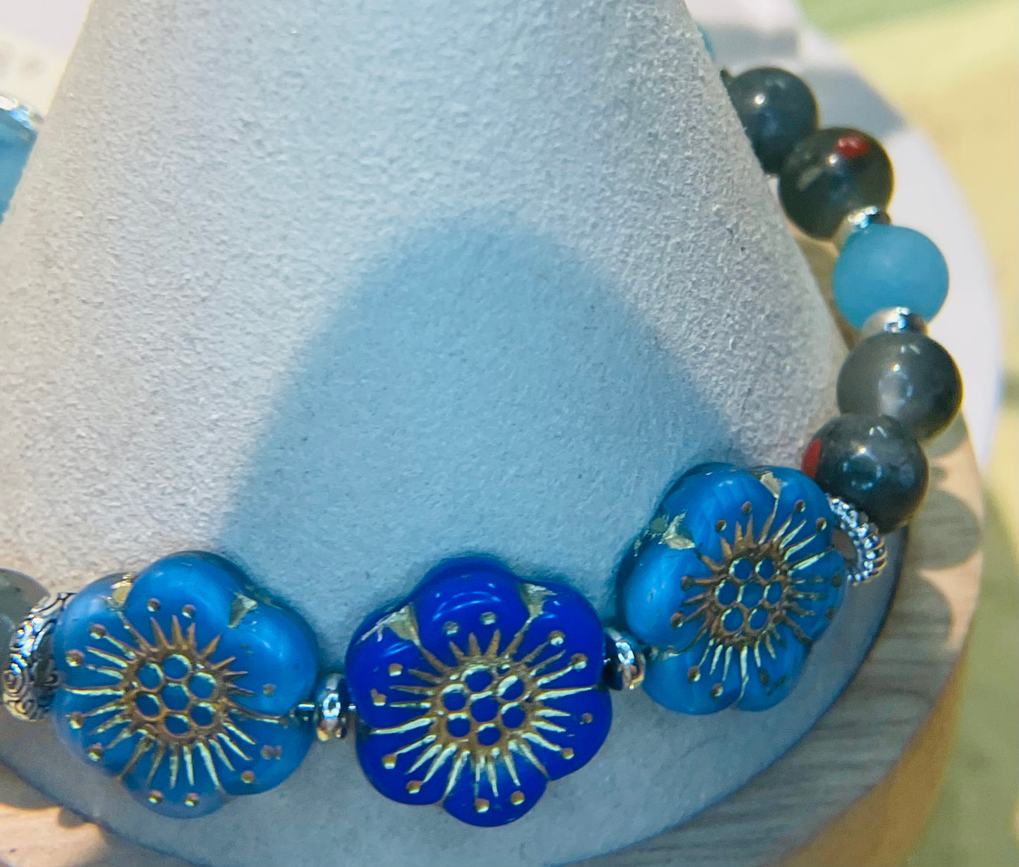 Czech glass flowers with African bloodstone and blue jade. 7.5”-8” with matching earrings