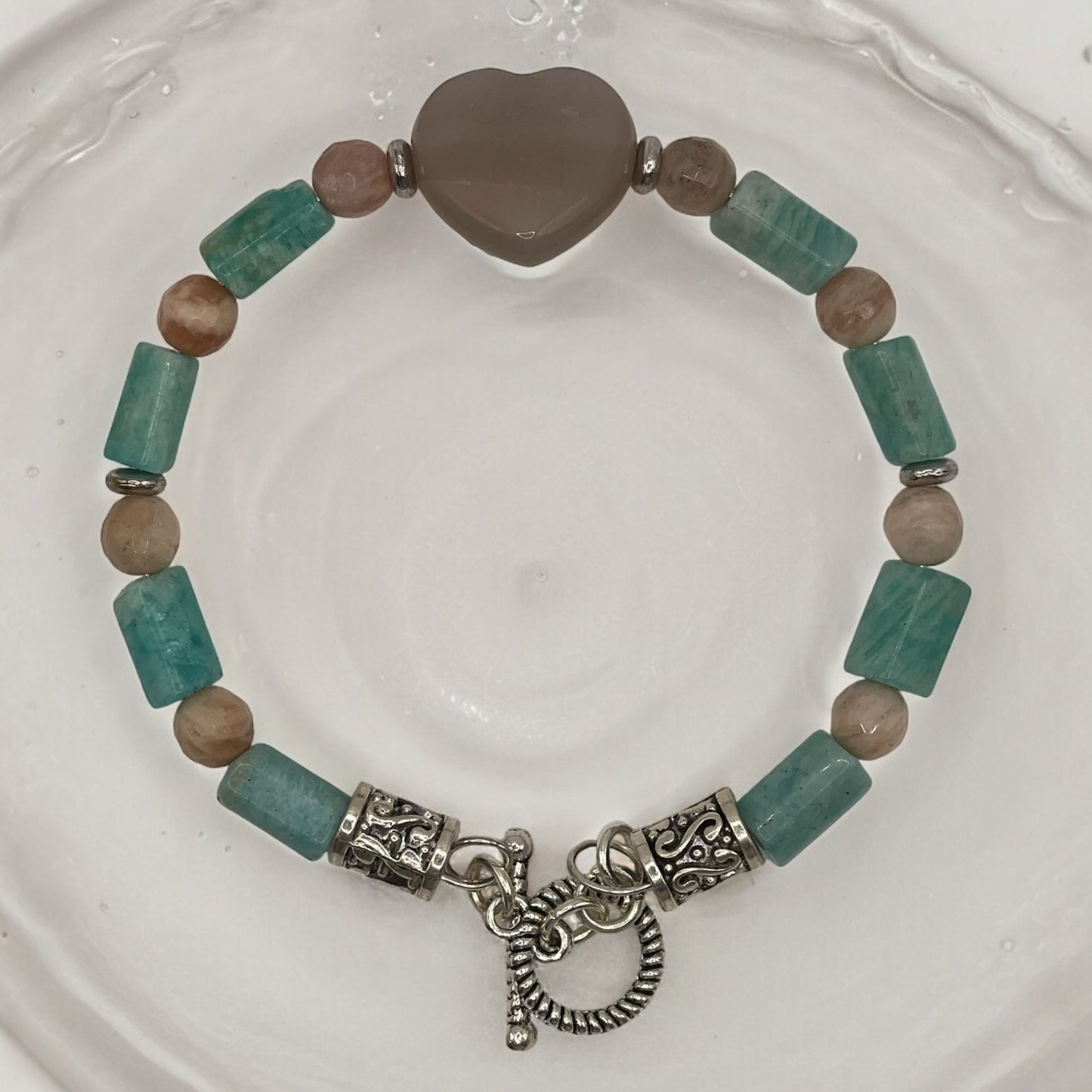 Moonstone Heart and Amazonite wire bracelet 7.5”