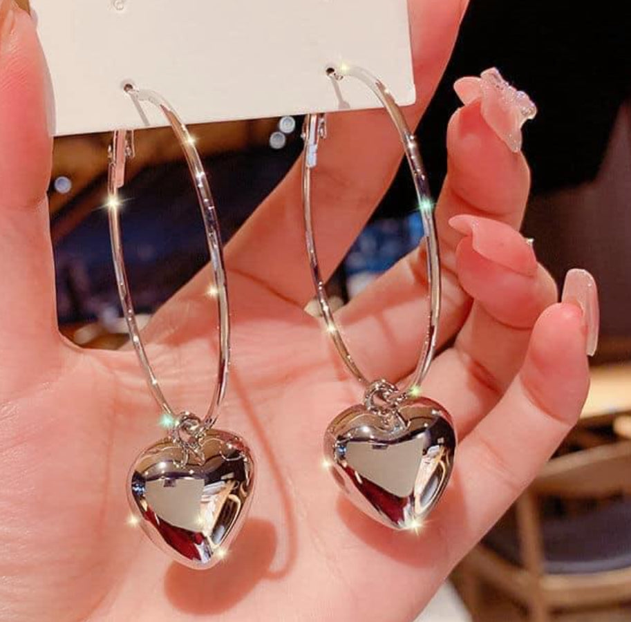 Silver Hoop Earrings with Mirrored Heart Charms