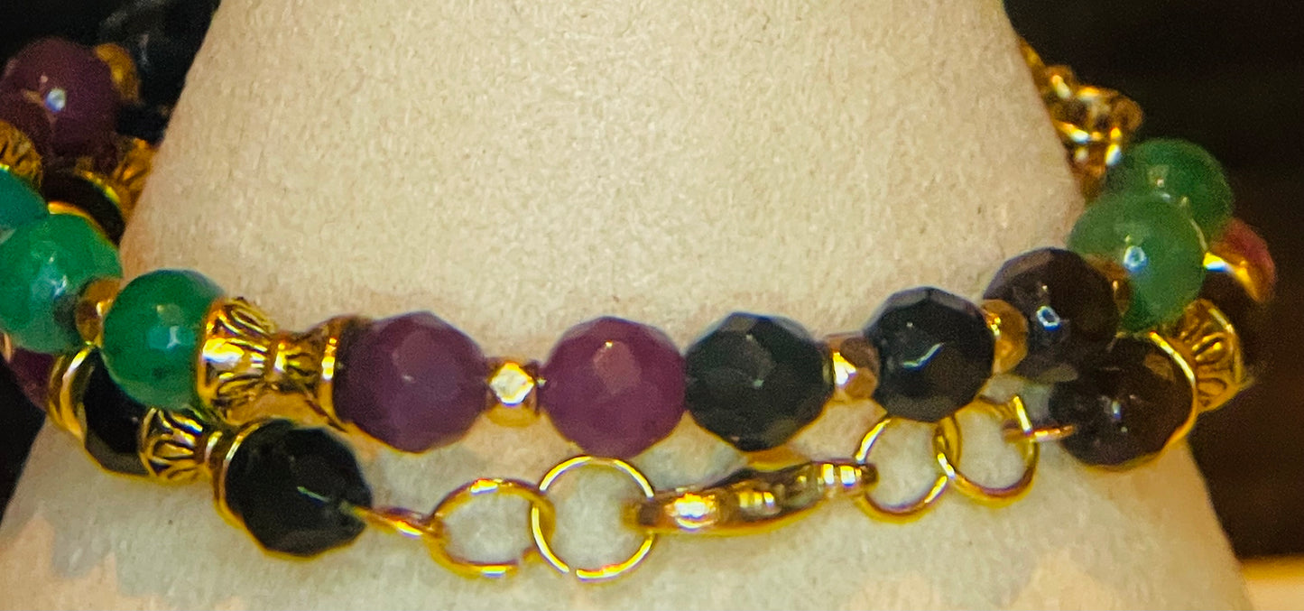 CLOSE-OUT Set of 2 jade faceted bracelets - purple, black, and green 6”