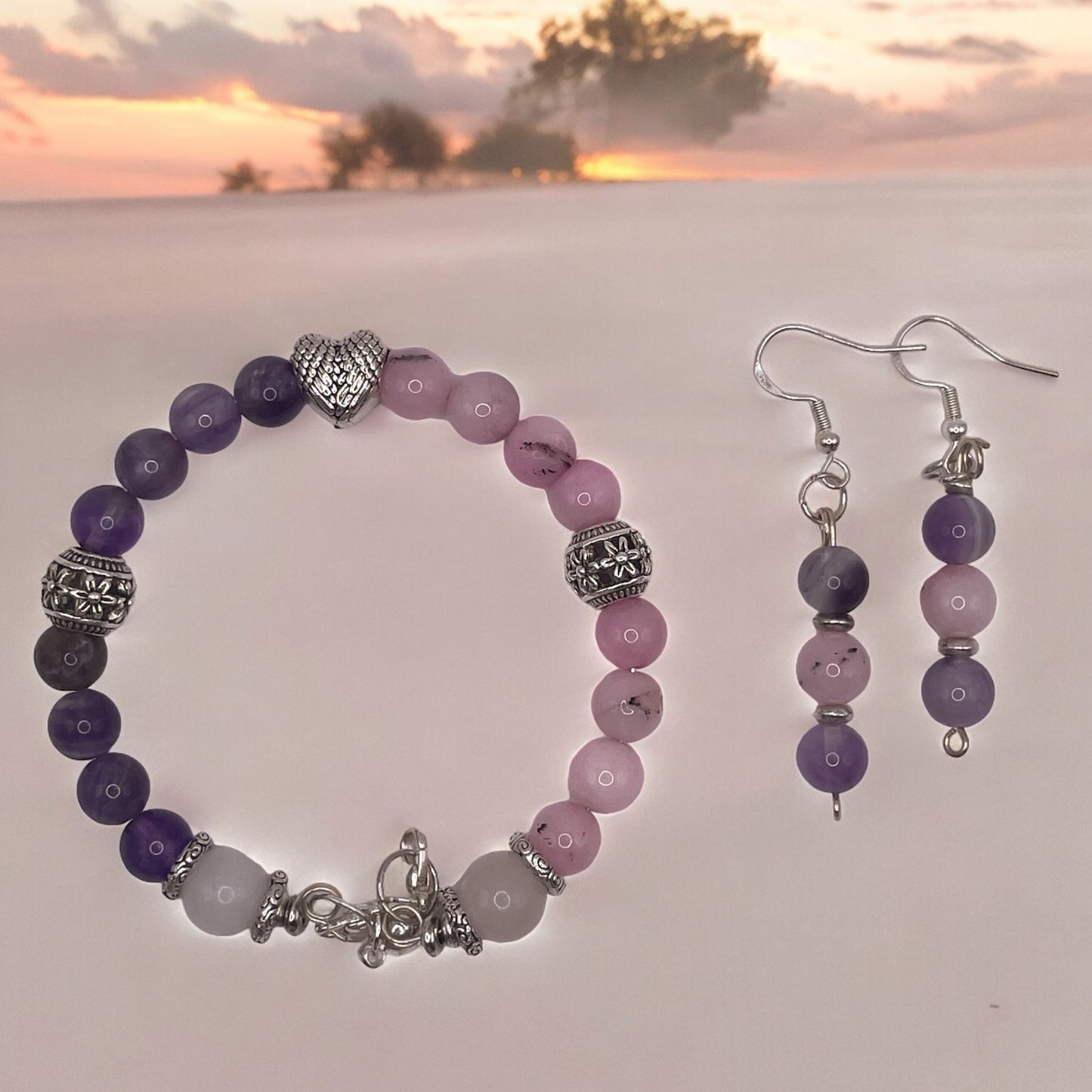 Rhodonite and Amethyst wire bracelet with matching earrings 8”