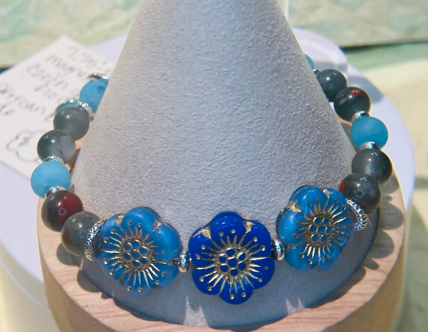 Czech glass flowers with African bloodstone and blue jade. 7.5”-8” with matching earrings