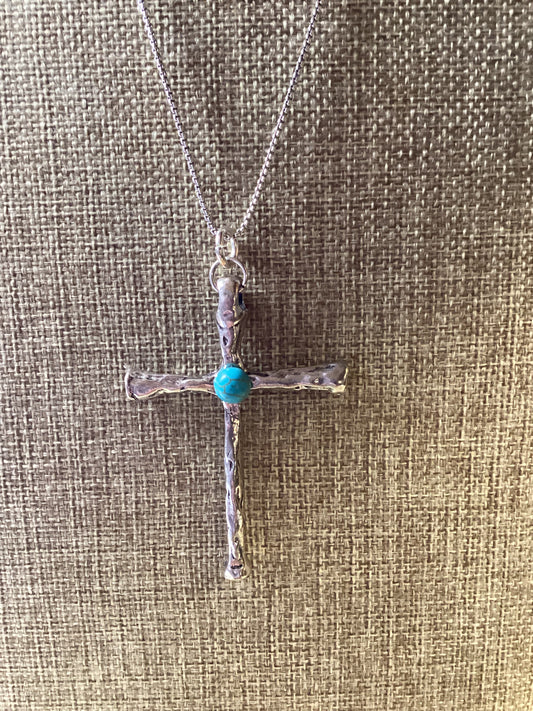 Howlite Turquoise and Silver (plated) Cross 30” necklace