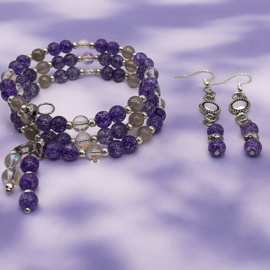 Purple Crackle and Iridescence Wrap Bracelet with matching earrings