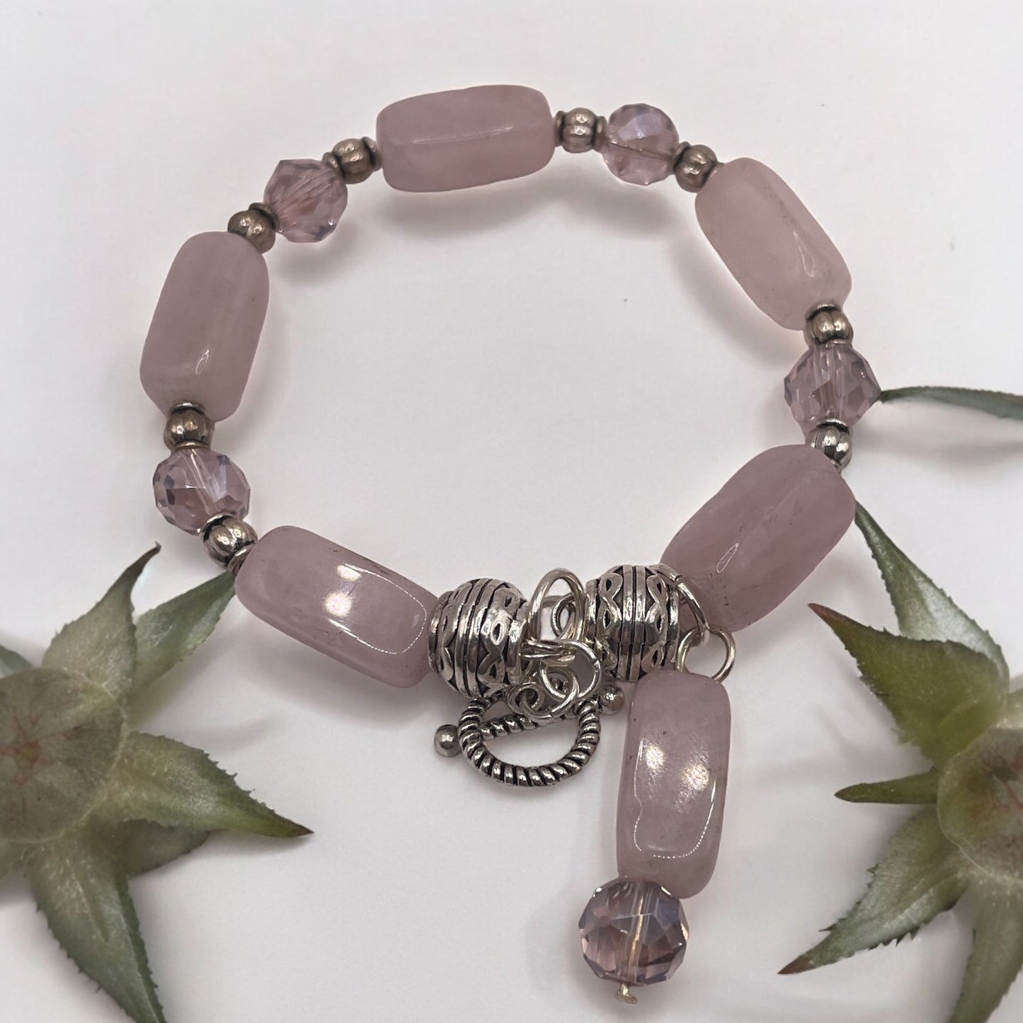 Rose Quartz and Silver wire bracelet with matching earrings 7.5”