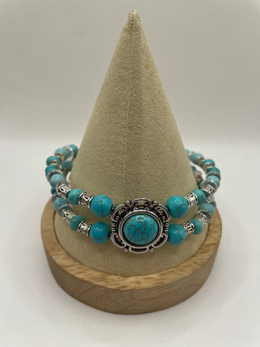 Howlite and Turquoise Silver Double Banded Bracelet 7.5”