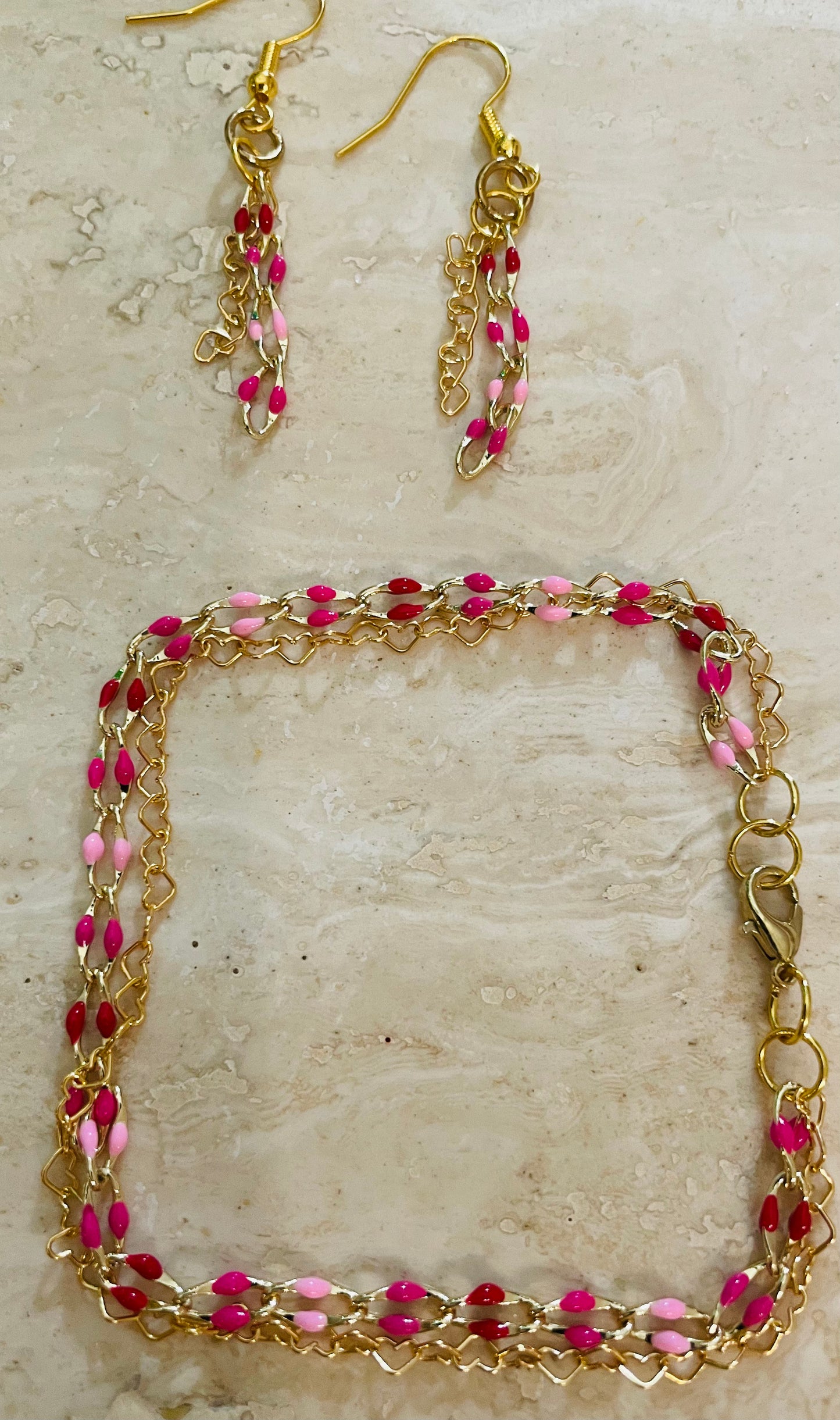 Golden Sweetheart 8” double strand bracelet with matching earrings