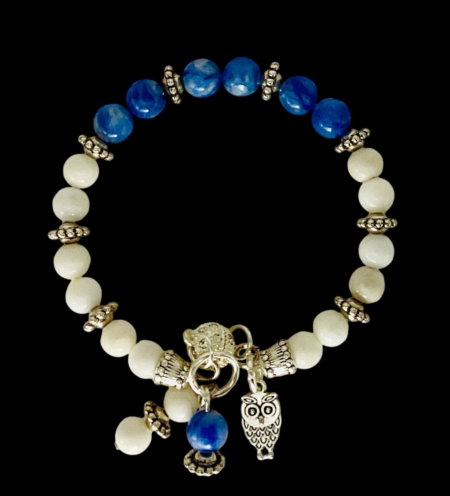 Kyanite and Snow Jade Bracelet with matching charms and silver owl