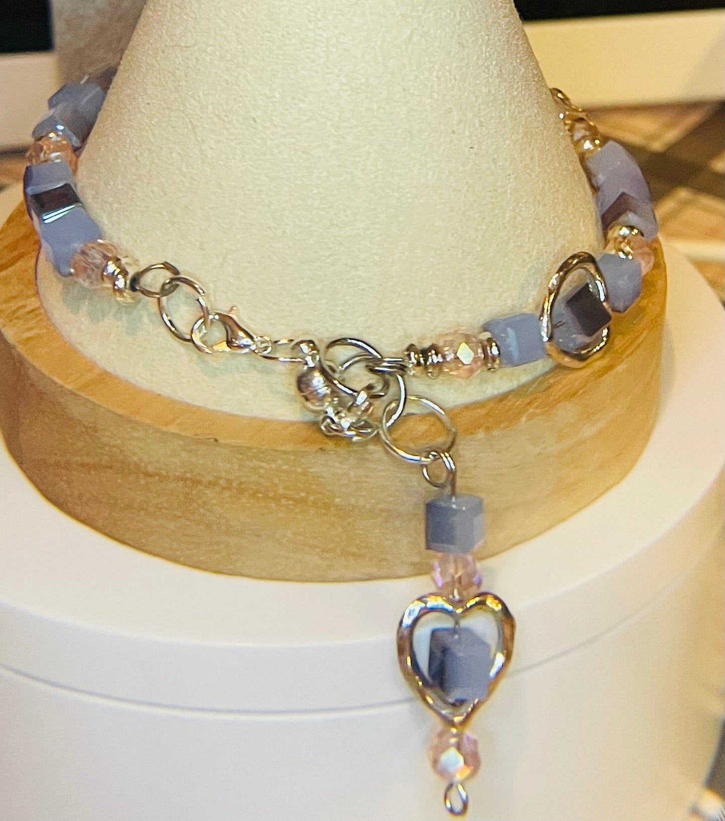 Blue Heart Cubed Faceted Crystal bracelet 7.75&quot;-8.25&quot; adjustable with matching earrings