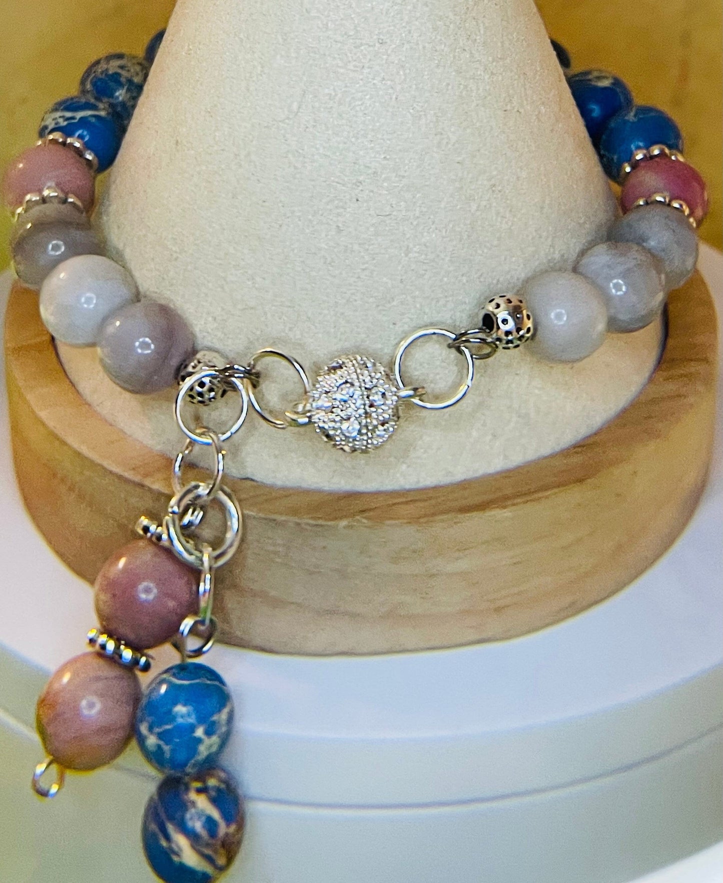 Blue Lapis and Rhodochrosite bracelet 7.75&quot; with matching earrings