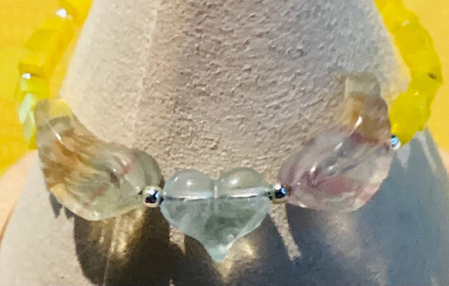 Fluorite-carved heart and wings bracelet - various colors and sizes