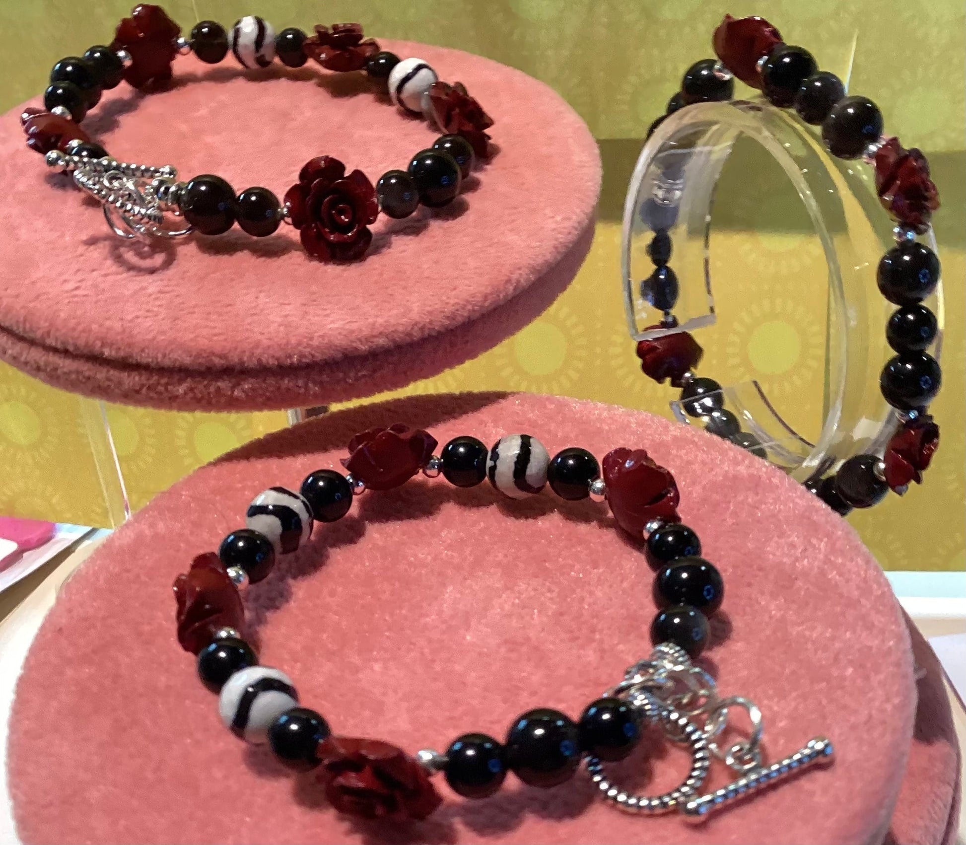 Red Cinnabar and Black Obsidian bracelet with matching earrings - various sizes