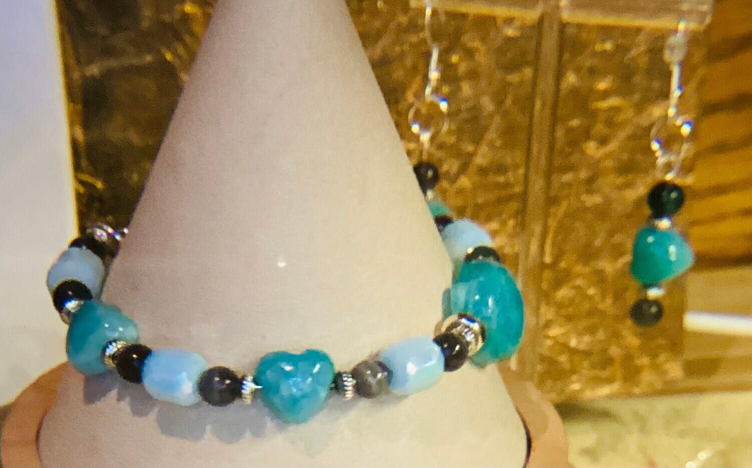 Amazonite hearts and opal wire bracelet with matching earrings 7.75&quot;-8&quot;