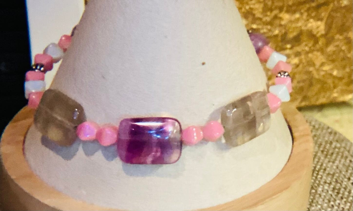 Fluorite and Lepedolite wire bracelet 7.75&quot;