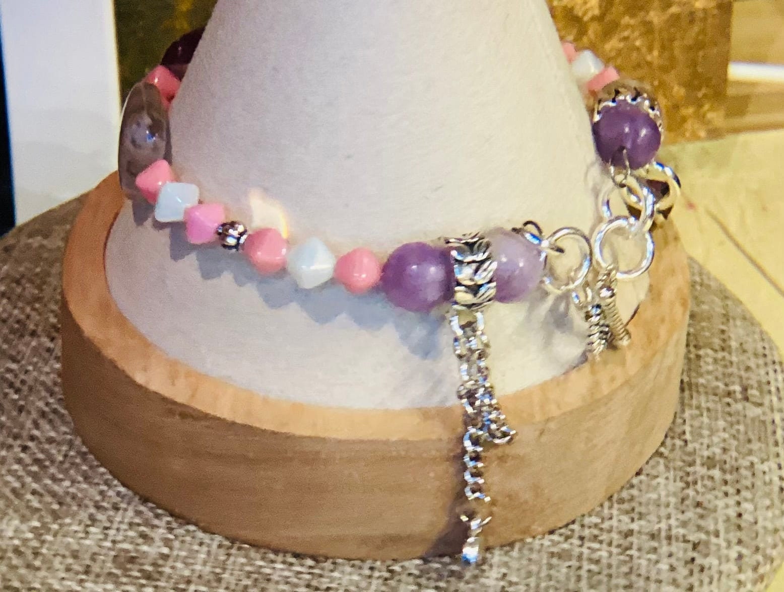 Fluorite and Lepedolite wire bracelet 7.75&quot;