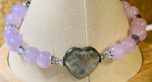 Labradorite heart and pink jade bracelet 7.75&quot;-8&quot;