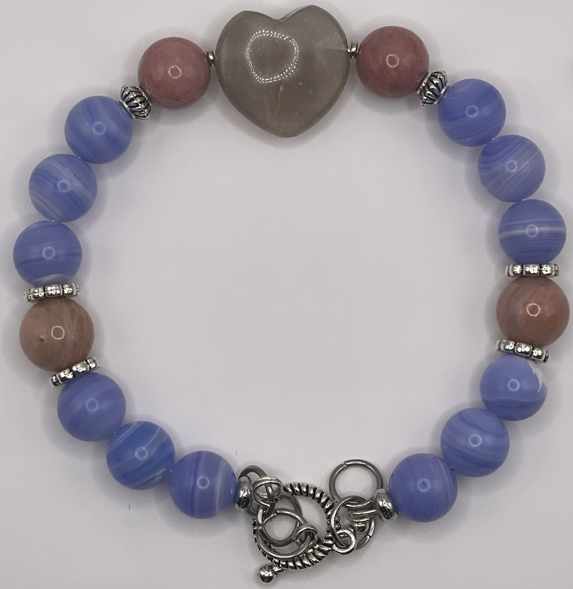 Purple Lace Agate with Rhodonite and a Sunstone carved heart bracelet 7.5&quot;