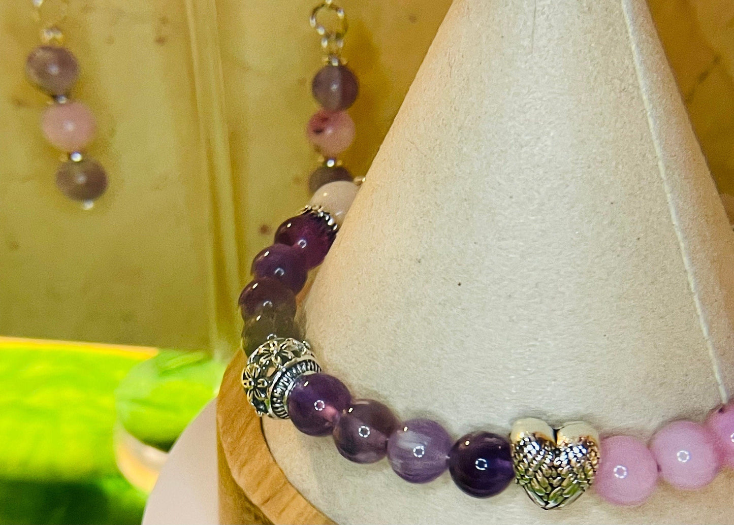 Amethyst & Pink Jade bracelet 8&quot; with matching earrings