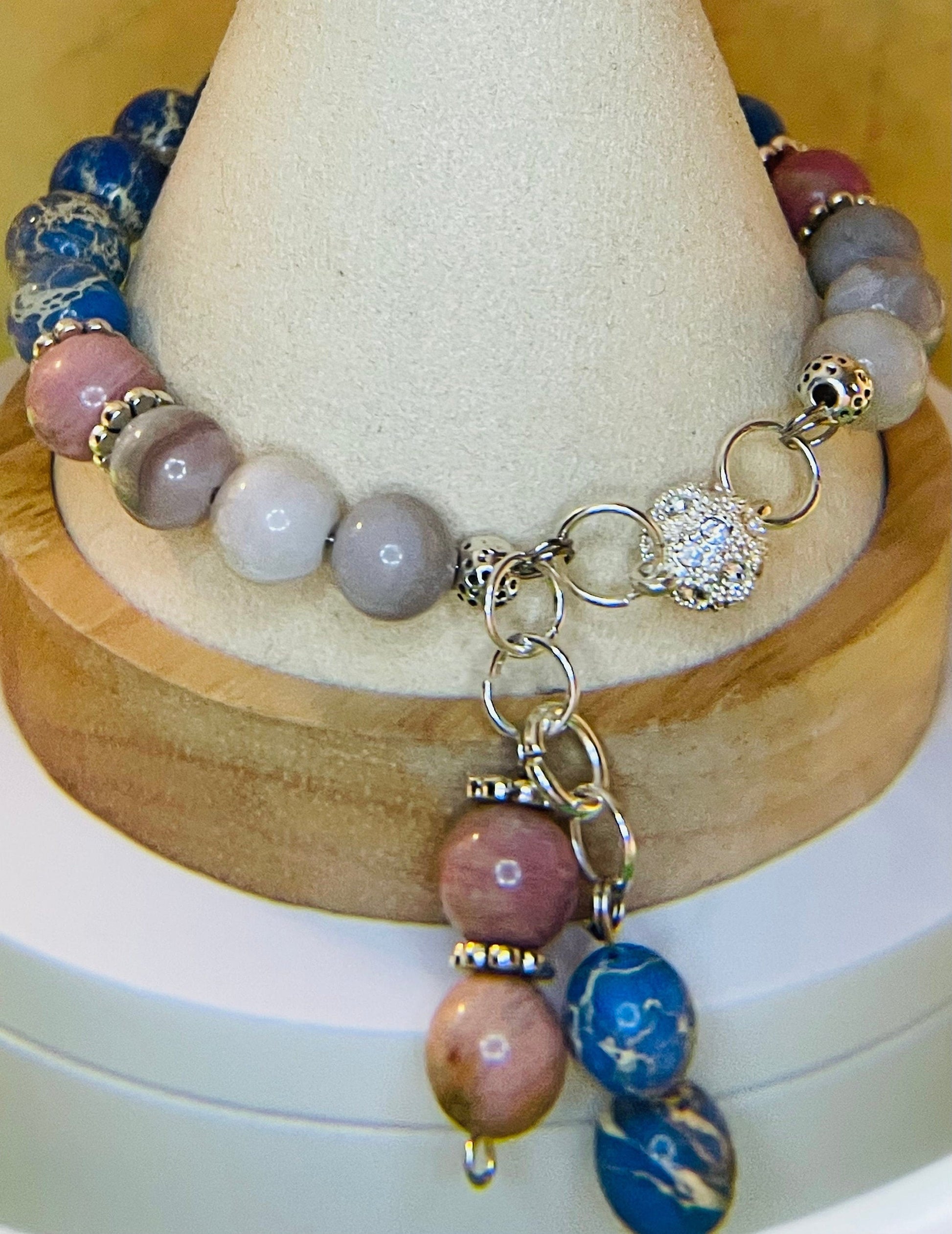 Blue Lapis and Rhodochrosite bracelet 7.75&quot; with matching earrings