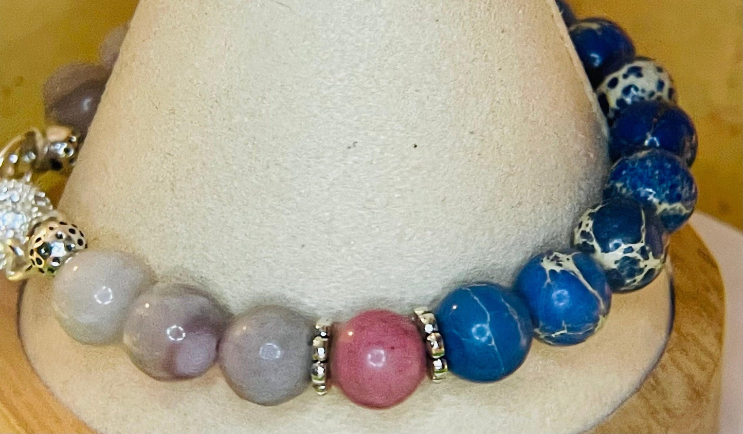 Blue Lapis and Rhodochrosite bracelet 7.75&quot; with matching earrings