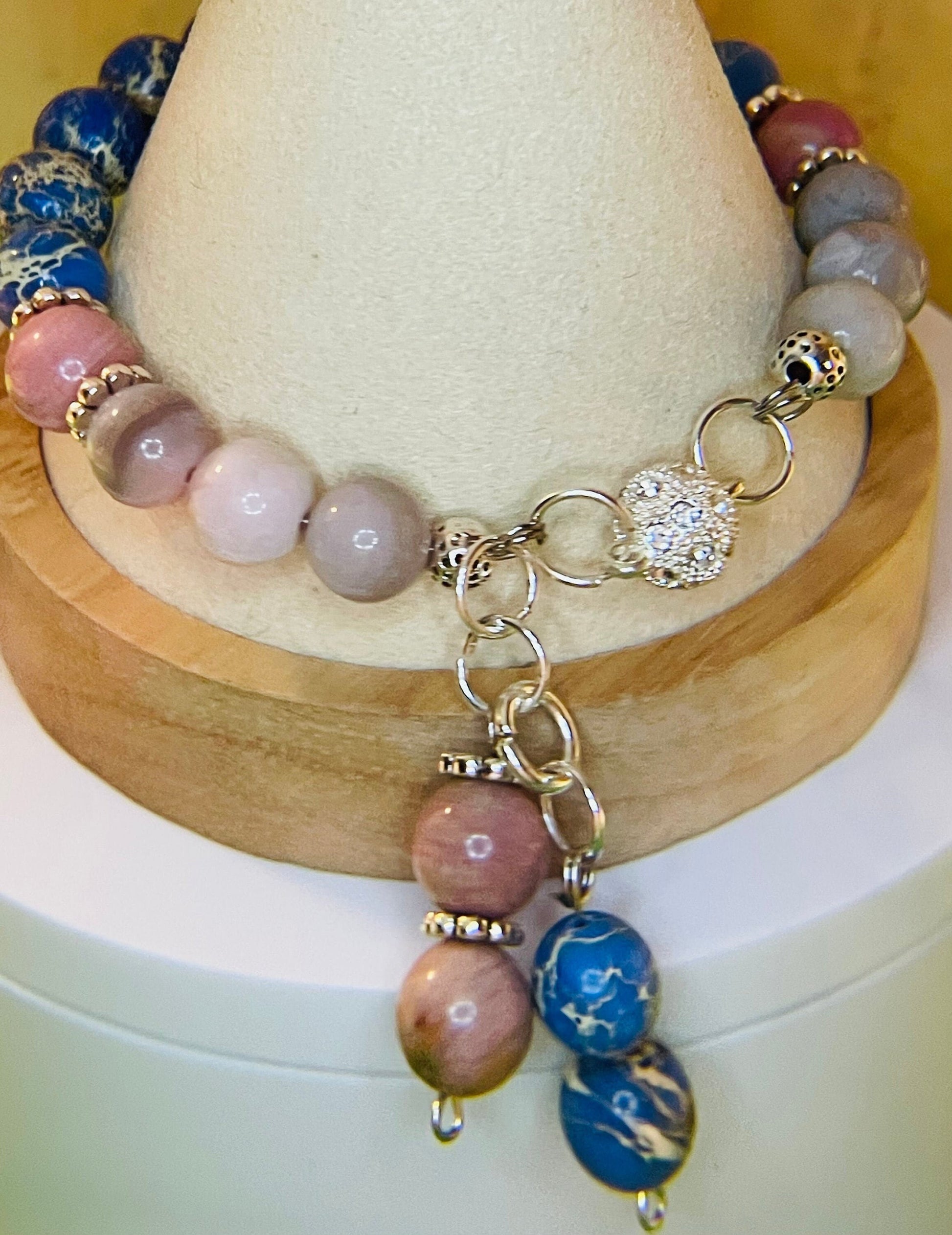 Blue Lapis and Rhodochrosite bracelet 7.75&quot; with matching earrings