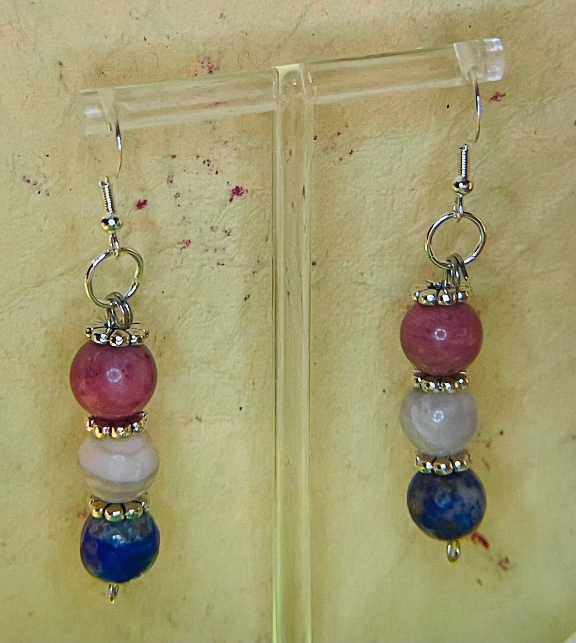 Blue Lapis and Rhodochrosite bracelet 7.75&quot; with matching earrings