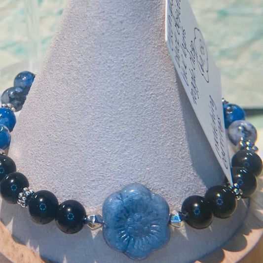 Czech glass flower, blue lapis, and black obsidian bracelet 7.5&quot;-8&quot; with matching earrings