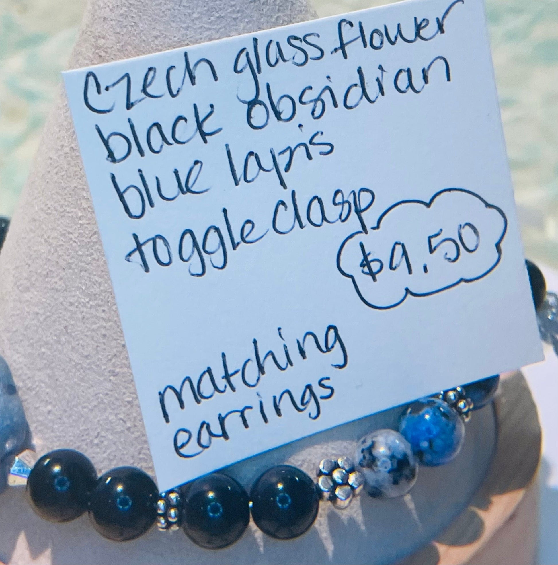 Czech glass flower, blue lapis, and black obsidian bracelet 7.5&quot;-8&quot; with matching earrings