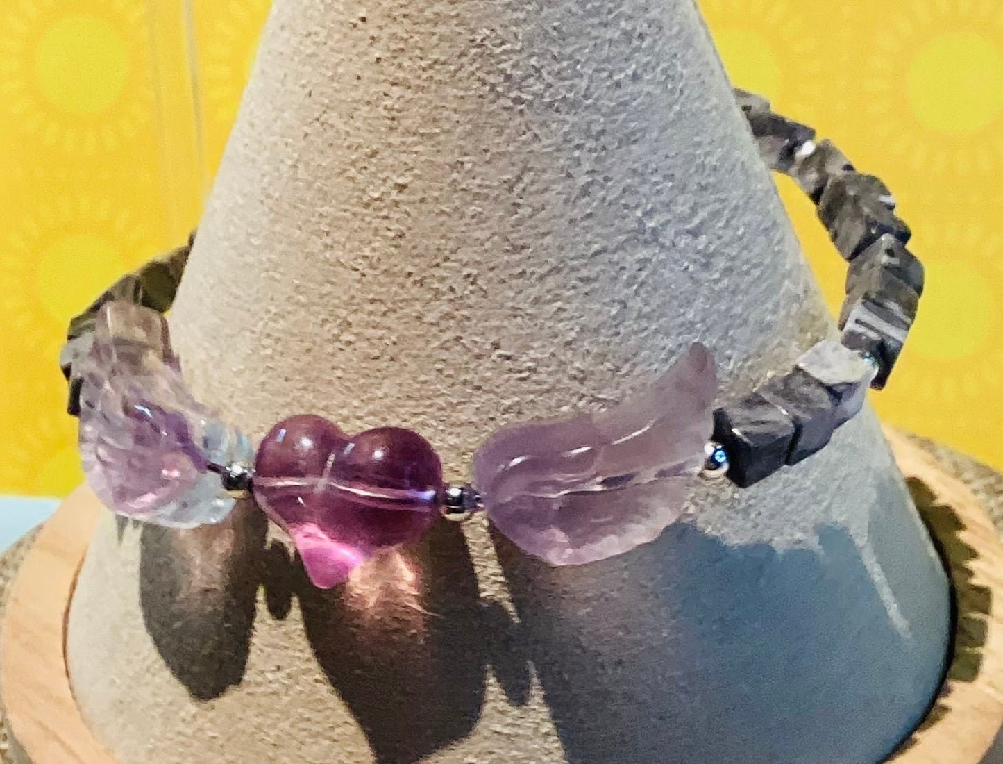 Fluorite-carved heart and wings bracelet - various colors and sizes