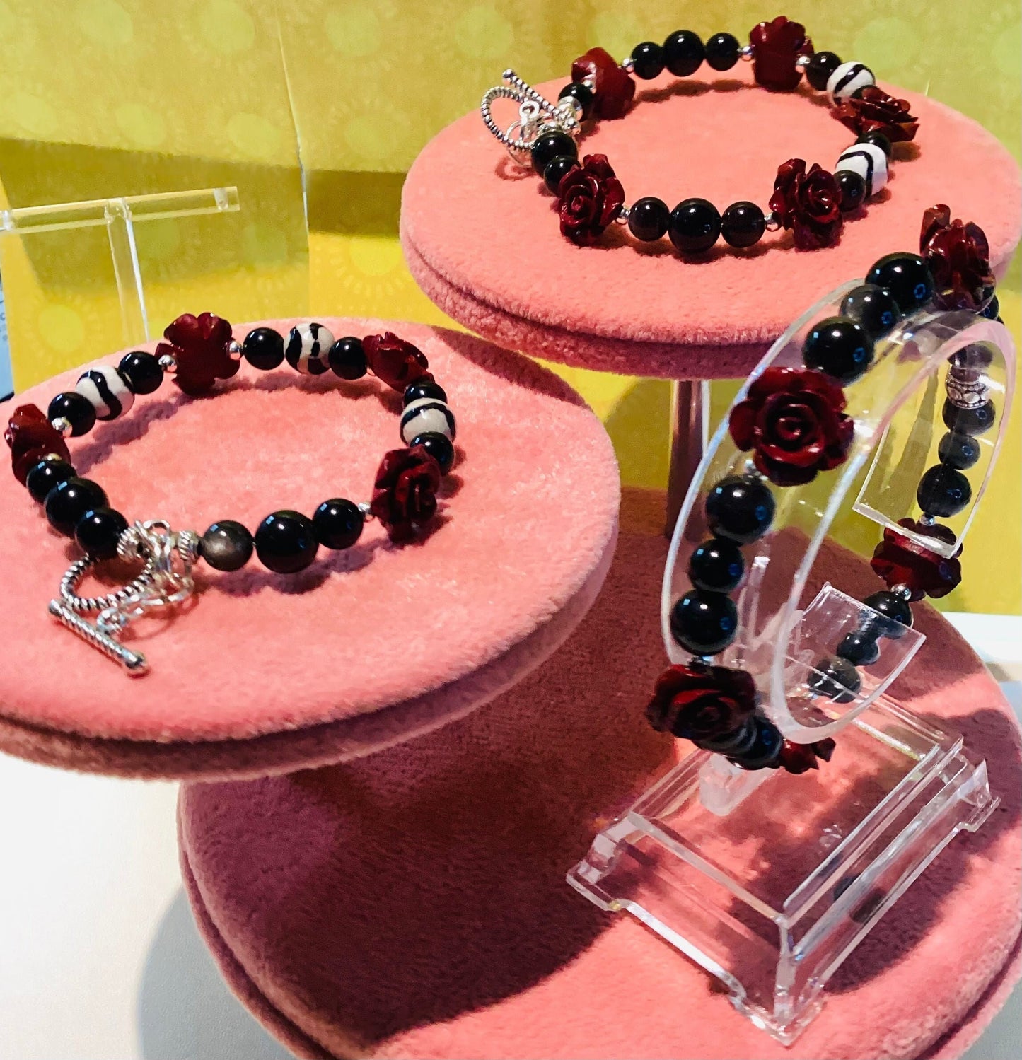 Red Cinnabar and Black Obsidian bracelet with matching earrings - various sizes