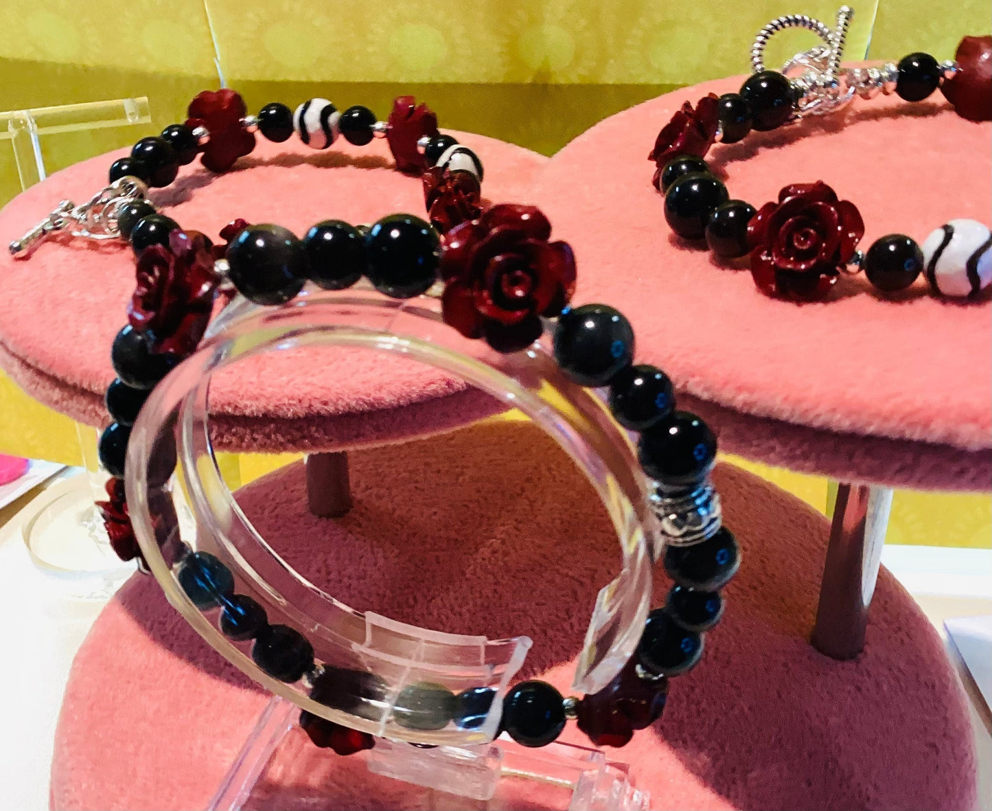 Red Cinnabar and Black Obsidian bracelet with matching earrings - various sizes