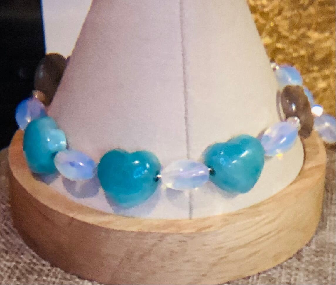 Amazonite hearts and opal wire bracelet with matching earrings 7.75&quot;-8&quot;