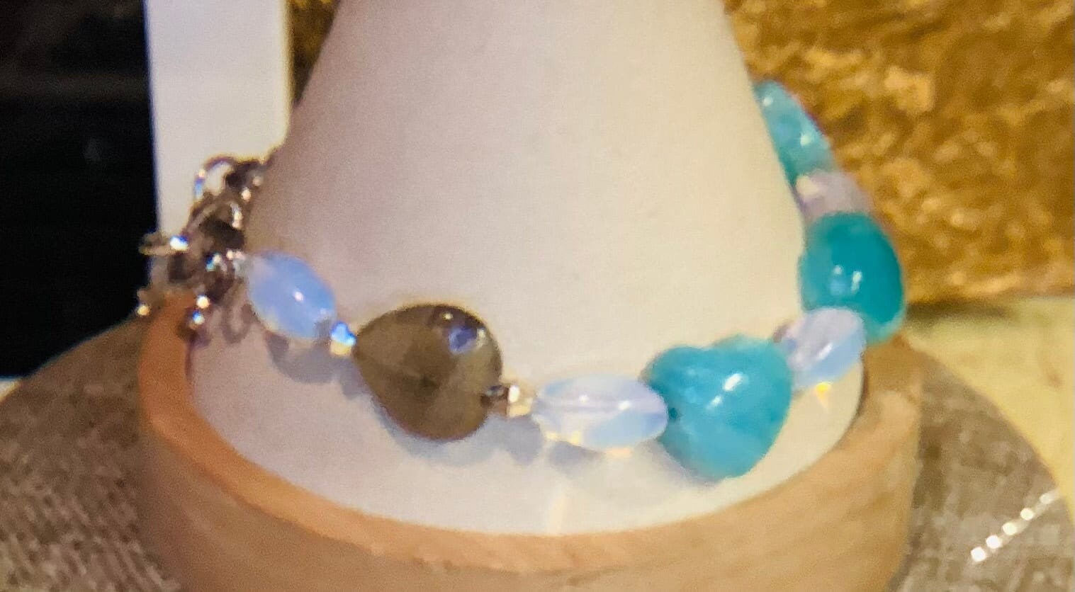 Amazonite hearts and opal wire bracelet with matching earrings 7.75&quot;-8&quot;