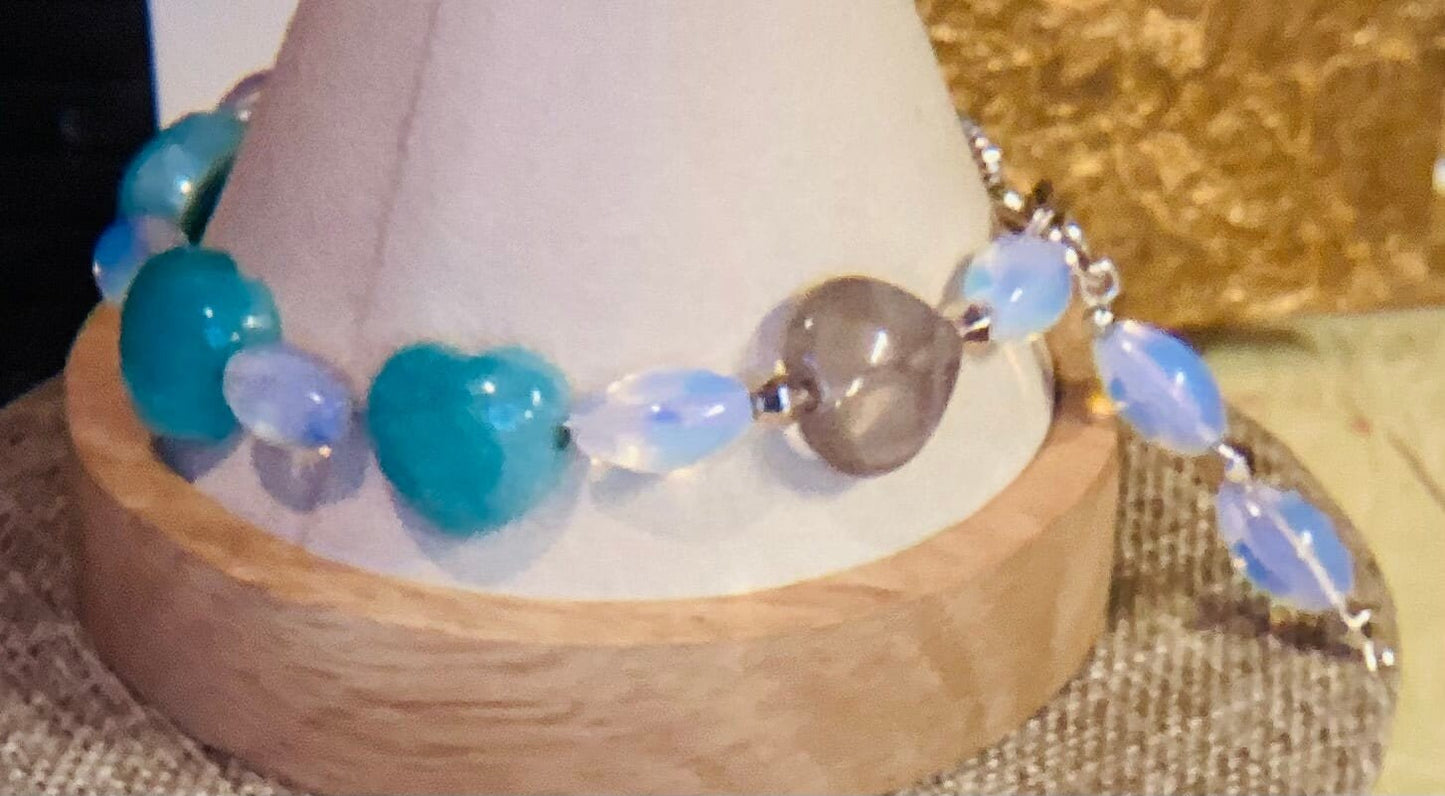 Amazonite hearts and opal wire bracelet with matching earrings 7.75&quot;-8&quot;