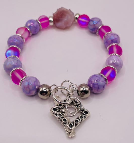 Tourmaline carved petal bracelet with purple and pink stones- Diamond toggle clasp. 7.5&quot;