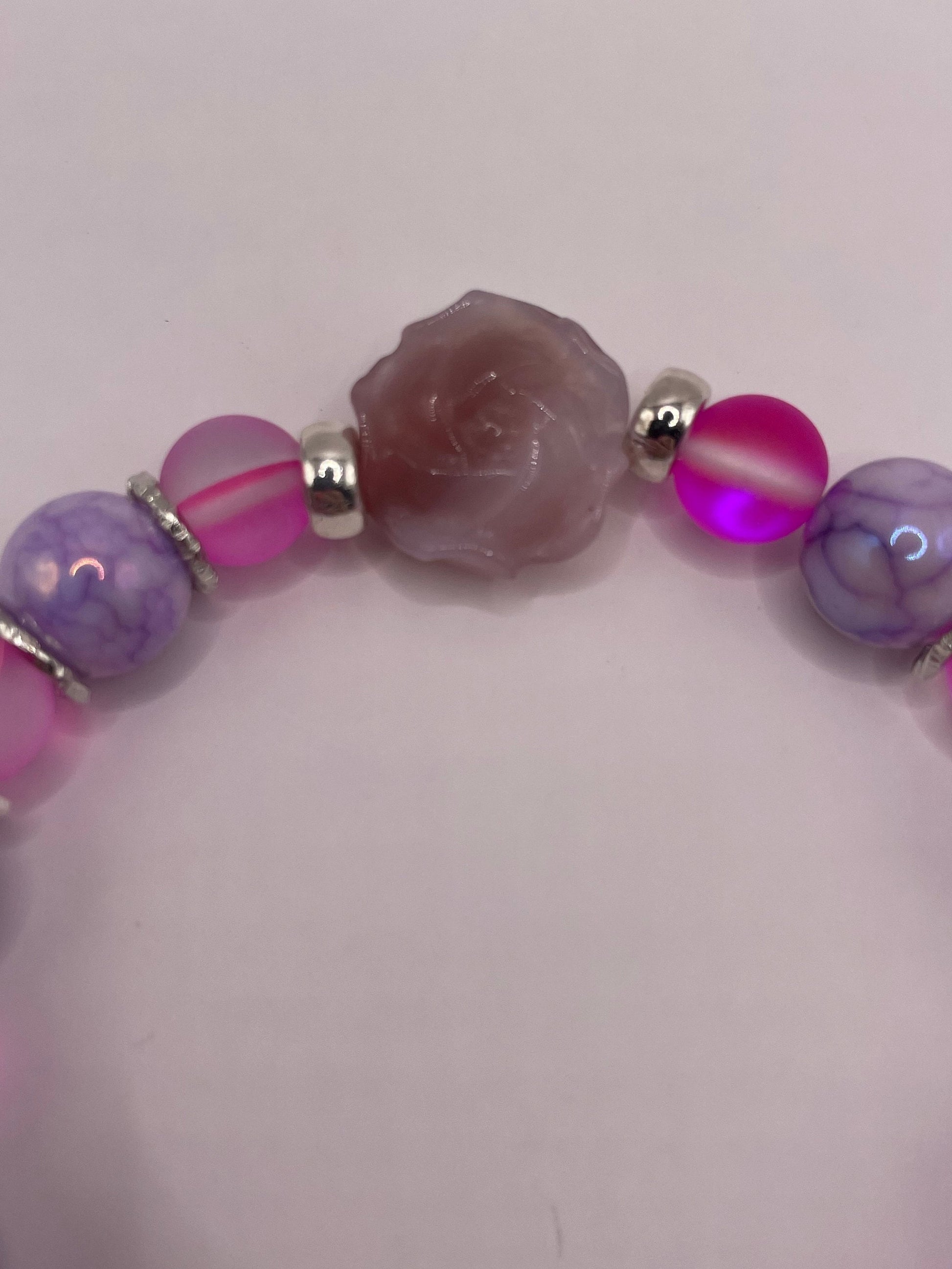 Tourmaline carved petal bracelet with purple and pink stones- Diamond toggle clasp. 7.5&quot;