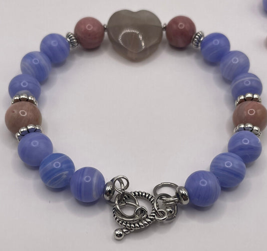 Purple Lace Agate with Rhodonite and a Sunstone carved heart bracelet 7.5&quot;