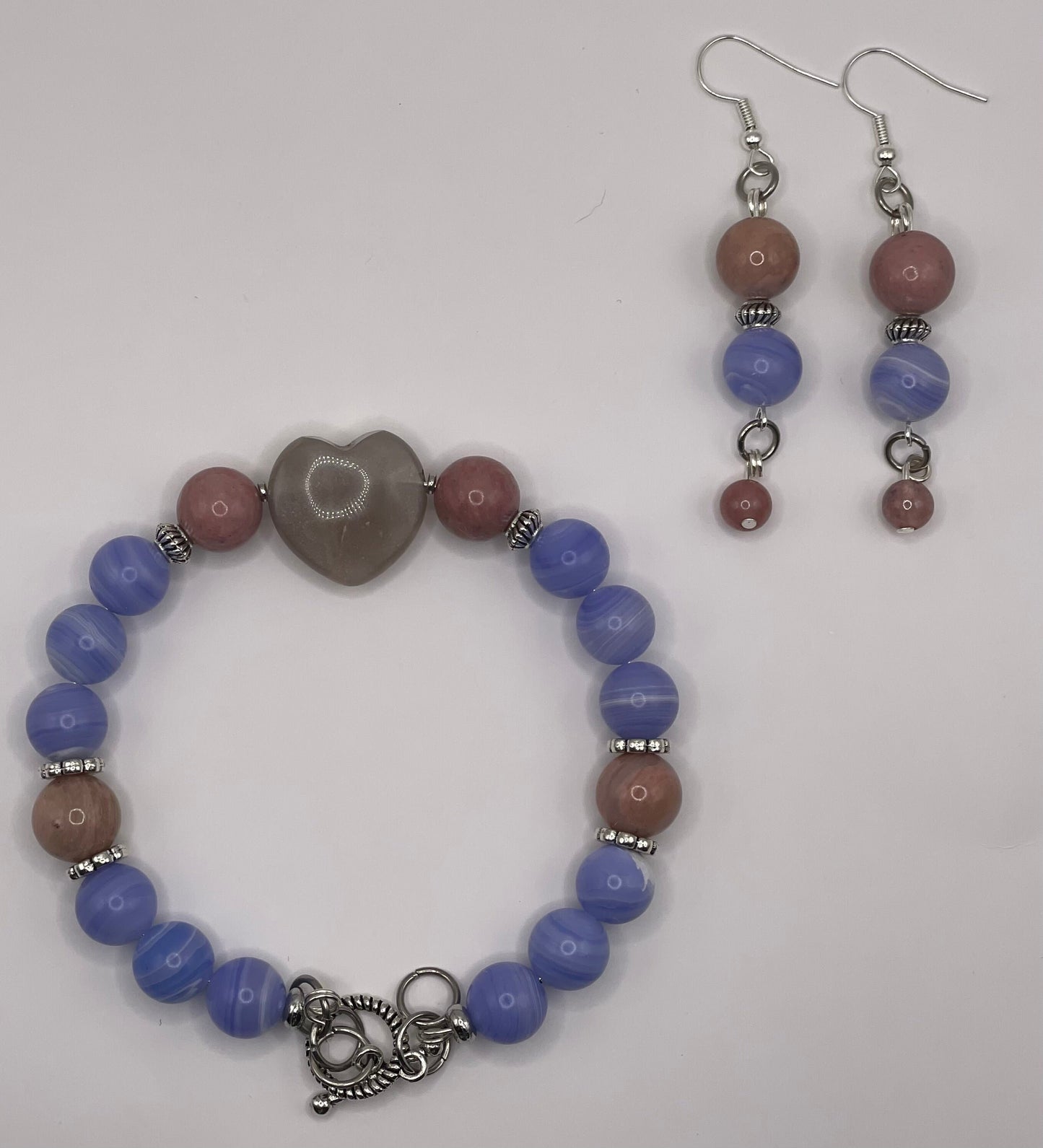 Purple Lace Agate with Rhodonite and a Sunstone carved heart bracelet 7.5&quot;