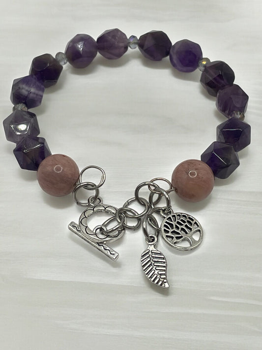 Amethyst wired bracelet with tree of life and feather bracelet 7.25&quot;