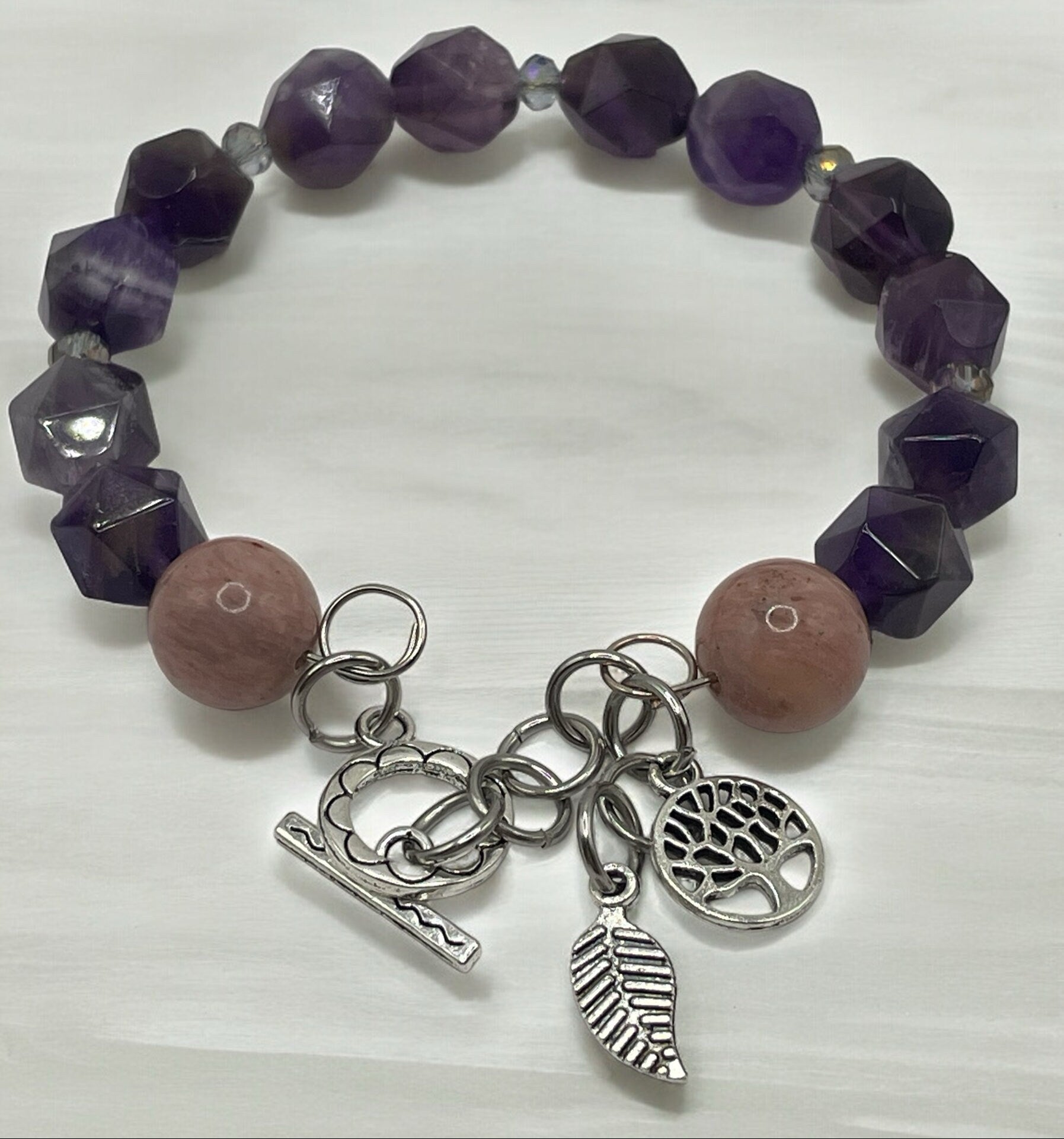 Amethyst wired bracelet with tree of life and feather bracelet 7.25&quot;