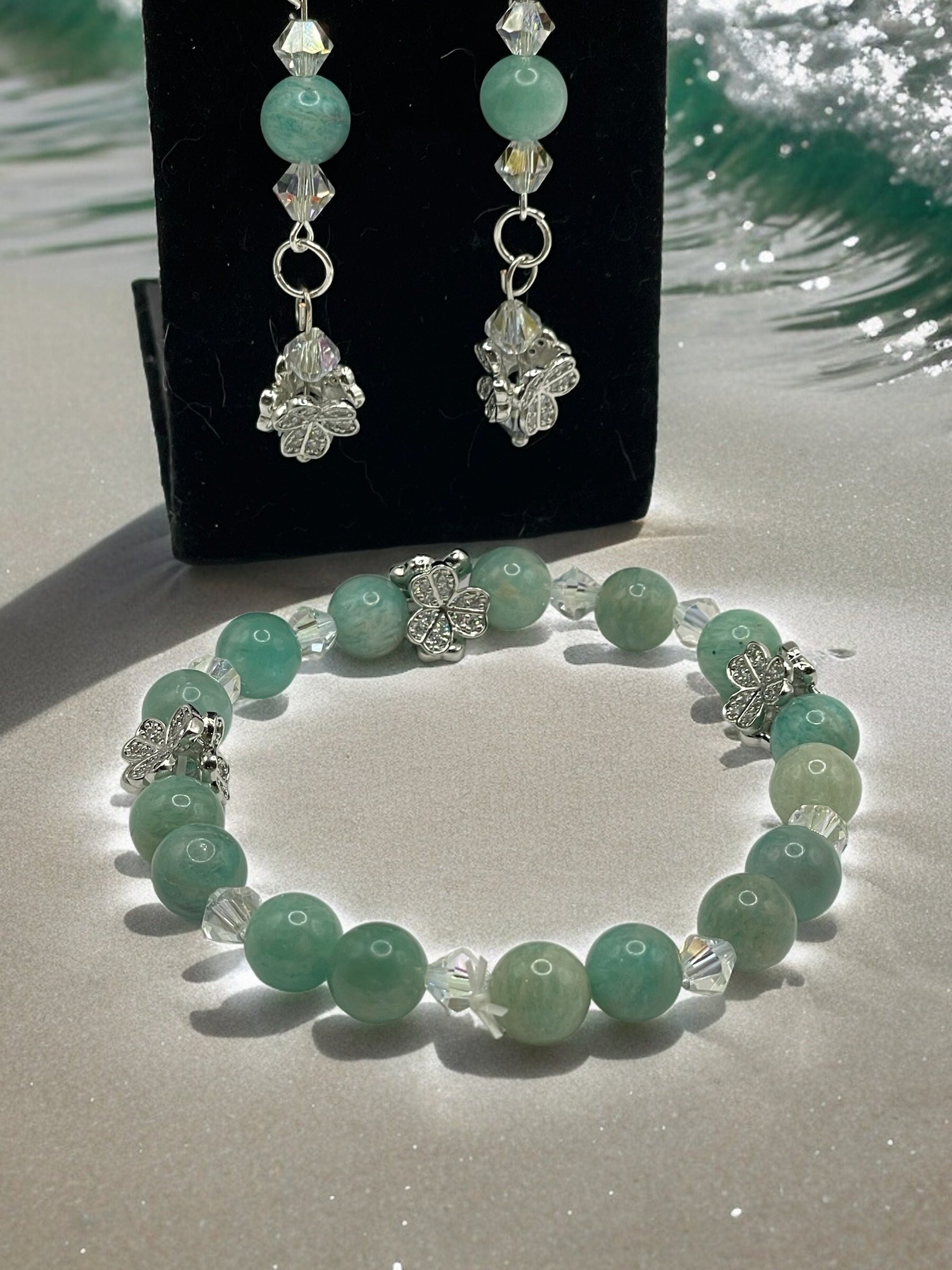 Amazonite and AB faceted clear Preciosa accents stretch bracelet with matching earrings. 7.25&quot;