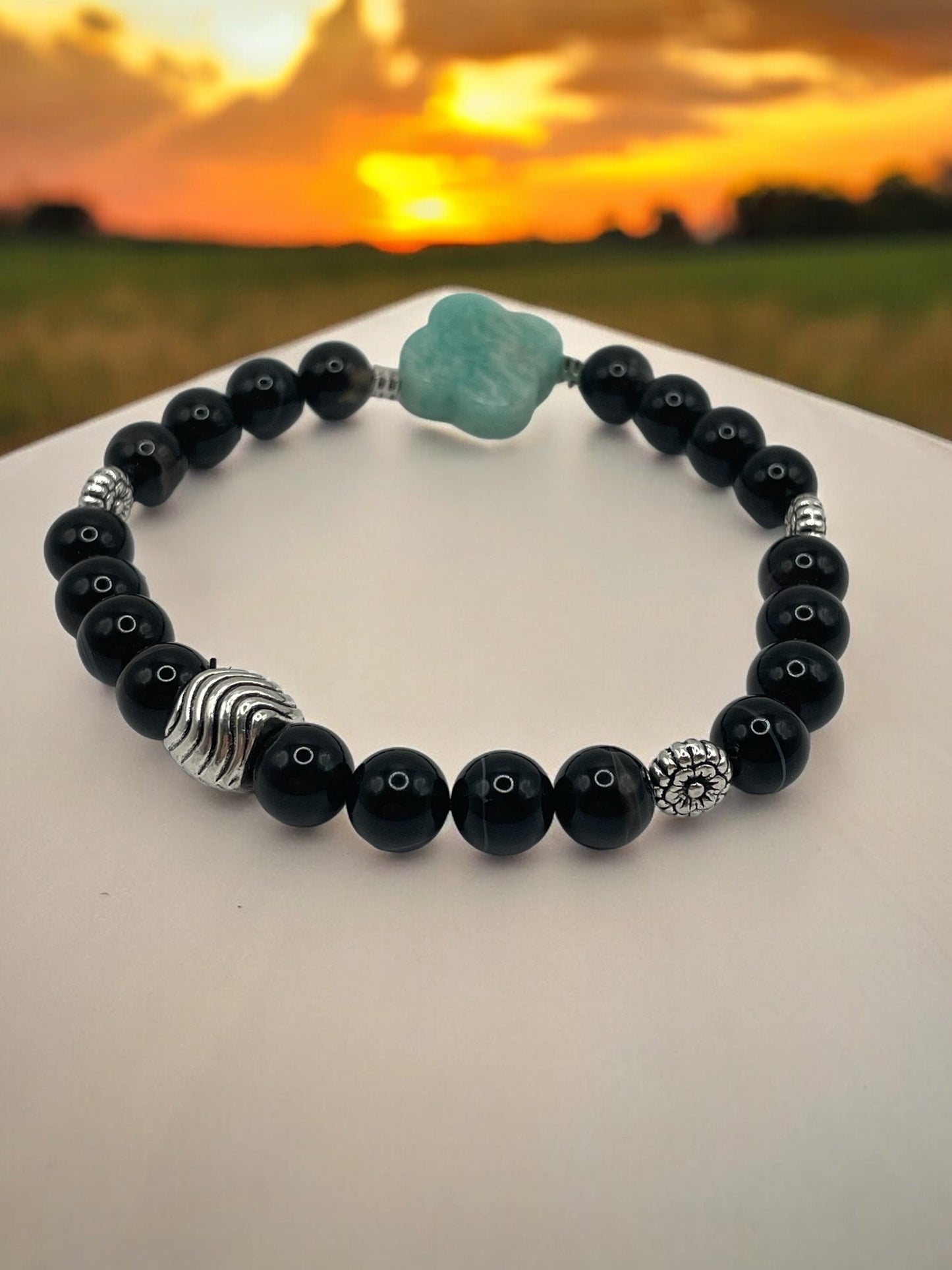 Carved Amazonite Flower with Black Agate stretch bracelet 7.5&quot;