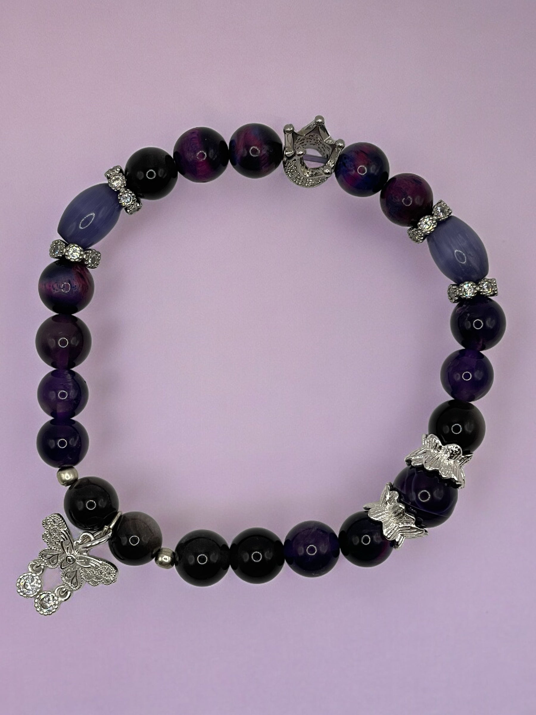 Amethyst and butterfly stretch bracelet 7.75&quot;